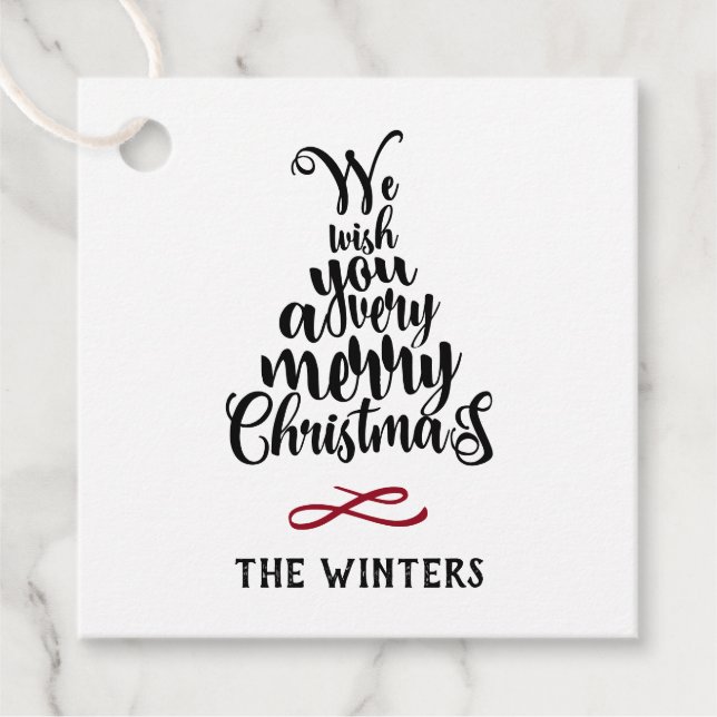 Étiquettes Cadeau Noir & Rouge Arbre de Noël Lettres vacances (Devant)