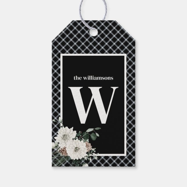 Étiquettes-cadeau Noir rustique Noir & Blanc Plaid Monogram Pine (Devant)