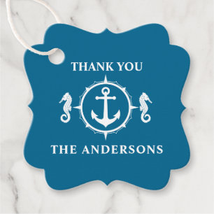 Étiquettes Cadeau Nom de famille Merci Seahorse Ancre Aqua Blue
