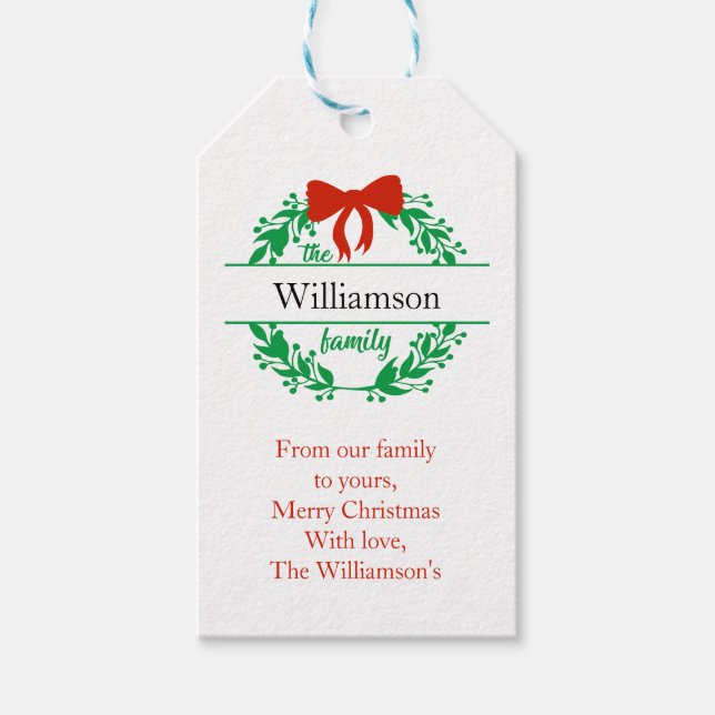 Étiquettes-cadeau Nom de famille Monogramme Rouge Vert Noël (Devant)