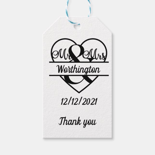 Étiquettes-cadeau Nom du monogramme Date Mariage du coeur Merci (Devant)