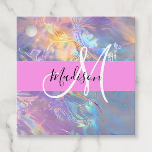 Étiquettes Cadeau Nom du monogramme d'iridescendance rose-fille