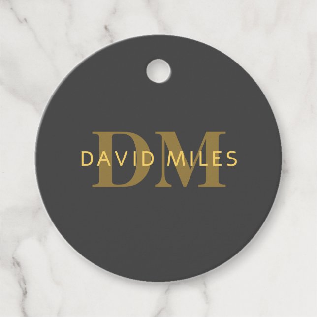 Étiquettes Cadeau Nom et monogramme élégant | Or et gris foncé (Devant)