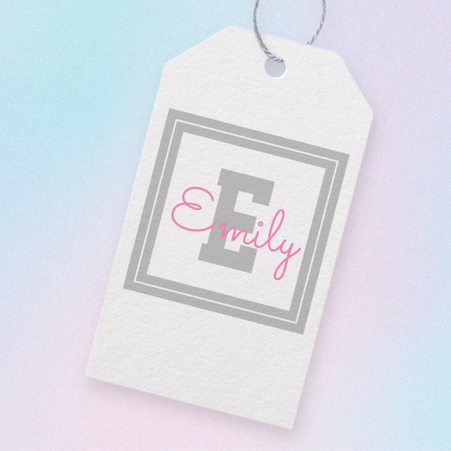Étiquettes-cadeau Nom et monogramme encadrés | Gris clair et rose (Créateur téléchargé)