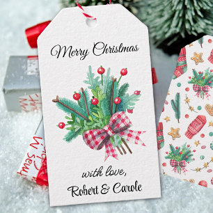 Étiquettes-cadeau Nom, Fir Branches Red Berries Christmas Cadeaux Ta