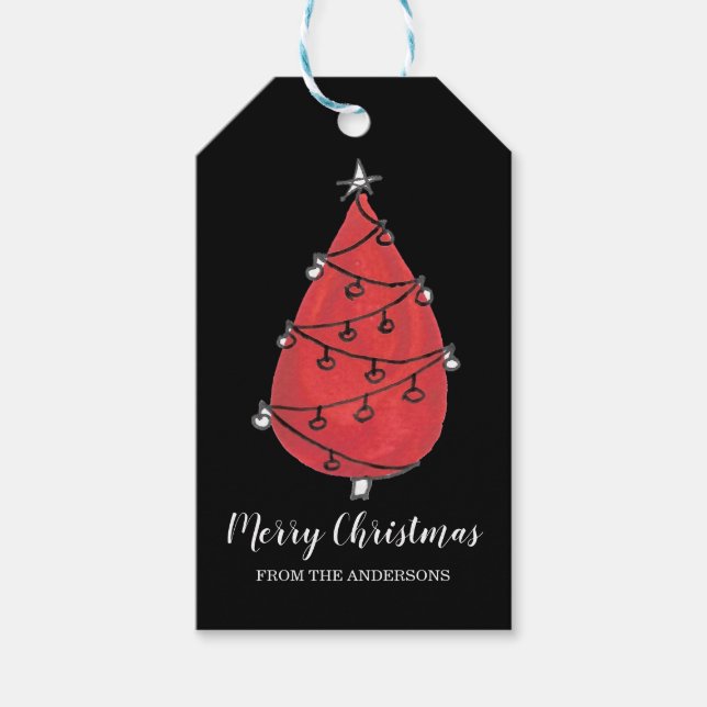 Étiquettes-cadeau Nom personnalisé Arbre de Noël rouge noir (Devant)