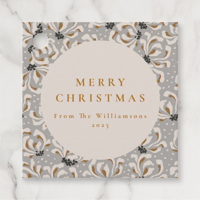 Étiquettes Cadeau Nom personnalisé Elegant Gold Grey Floral Noël (Devant)