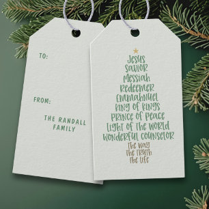 Étiquettes-cadeau Noms de Jésus en typographie pour sapin de Noël ch