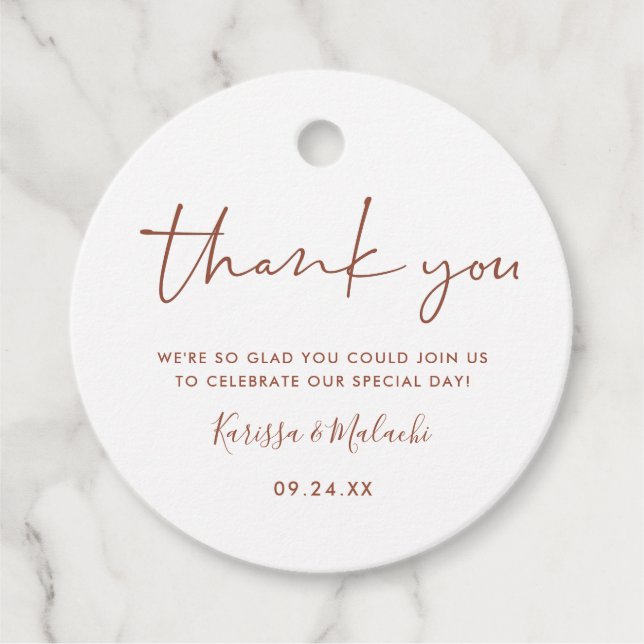 Étiquettes Cadeau Noms simples de rouille Merci et de Mariage blanc (Devant)