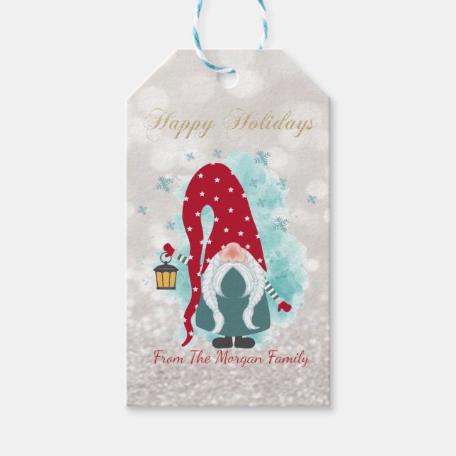 Étiquettes-cadeau Nordic Cute Gnome Parties scintillant Bokeh (Devant)