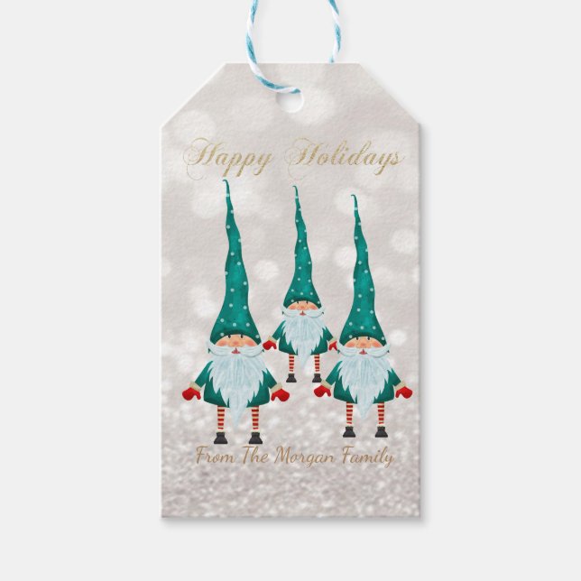 Étiquettes-cadeau Nordic Cute Gnomes Parties scintillant Bokeh (Devant)