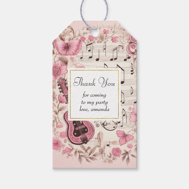 Étiquettes-cadeau Notes de musique et fleurs Merci du parti rétro (Devant)