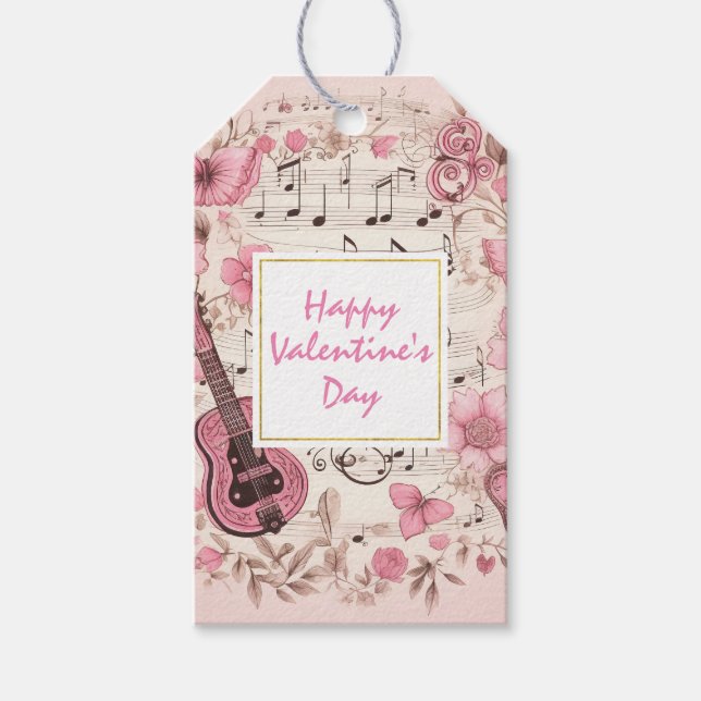 Étiquettes-cadeau Notes musicales et fleurs Élégante Saint-Valentin (Devant)