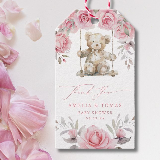 Étiquettes-cadeau Nounours en peluche florale rose Merci (Créateur téléchargé)