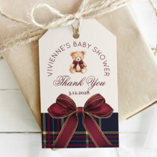 Étiquettes-cadeau Nounours en peluche rouge ruban plaid or Merci