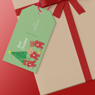 Étiquettes-cadeau Nounours modernes en pyjama de Noël avec arbre