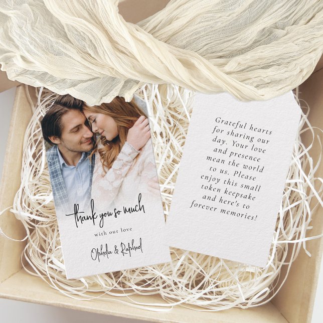 Étiquettes-cadeau Nouvelle mariée Photo Overlay Script Mariage Merci (Front and back view)