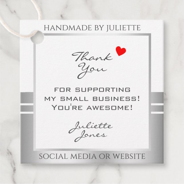 Étiquettes Cadeau Novelty White & Silver Produit Emballage Merci (Devant)