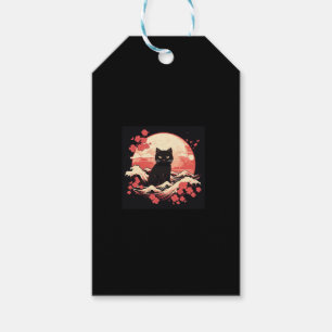 Étiquettes-cadeau Nuit Fleur de cerisier_ Chat noir et Pleine lune