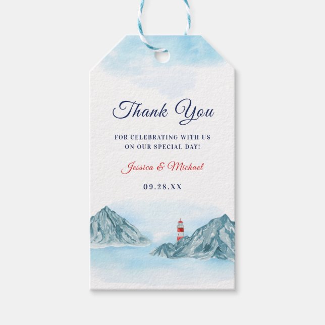 Étiquettes-cadeau Ocean Mountain Lighthouse Mariage Merci (Devant)