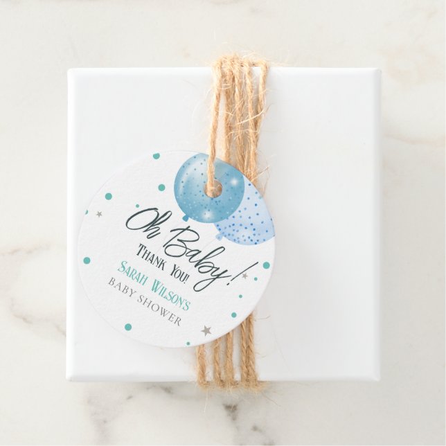 Étiquettes Cadeau Oh Baby Blue Balloons Baby shower garçon (En situation)