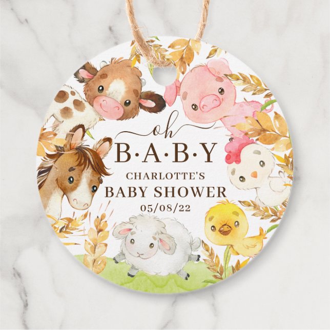 Étiquettes Cadeau Oh Baby Farm Animaux Baby shower Favoriser (Dos)