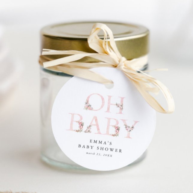 Étiquettes Cadeau Oh Baby Floral Typographie Baby shower rose (Oh Baby Elegant Floral Typography Pink Girls Baby Shower Favor Tag.)