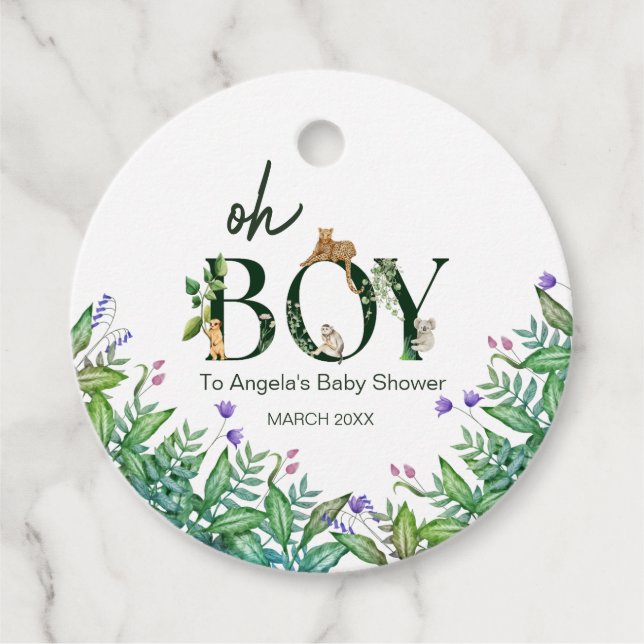 Étiquettes Cadeau Oh boy Safari Animal Jungle Baby shower blanc (Devant)