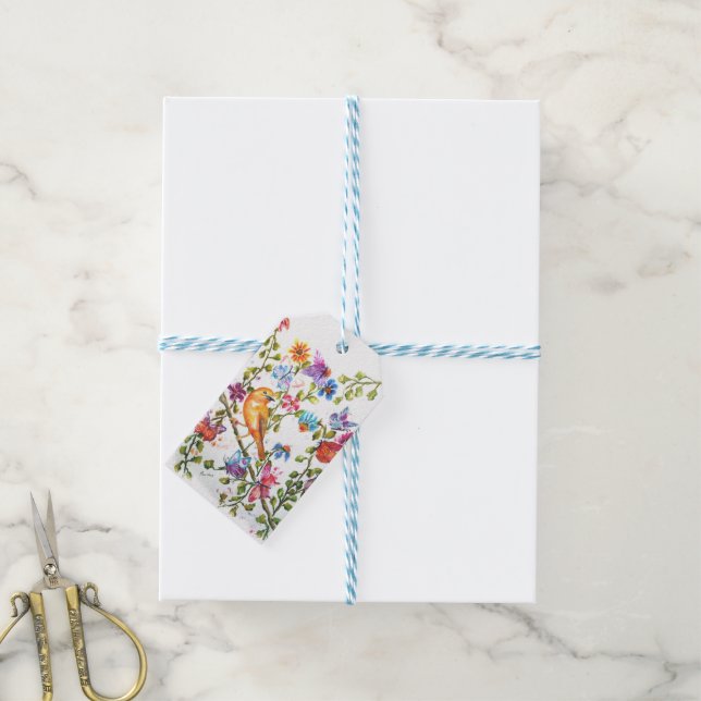 ÉTIQUETTES-CADEAU OISEAU JAUNE EMPREINTE DE PATTE (Avec de laficelle)
