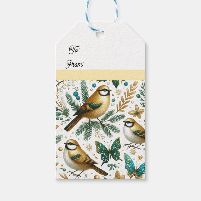 Étiquettes-cadeau Oiseaux dorés et papillons émeraude (Devant)