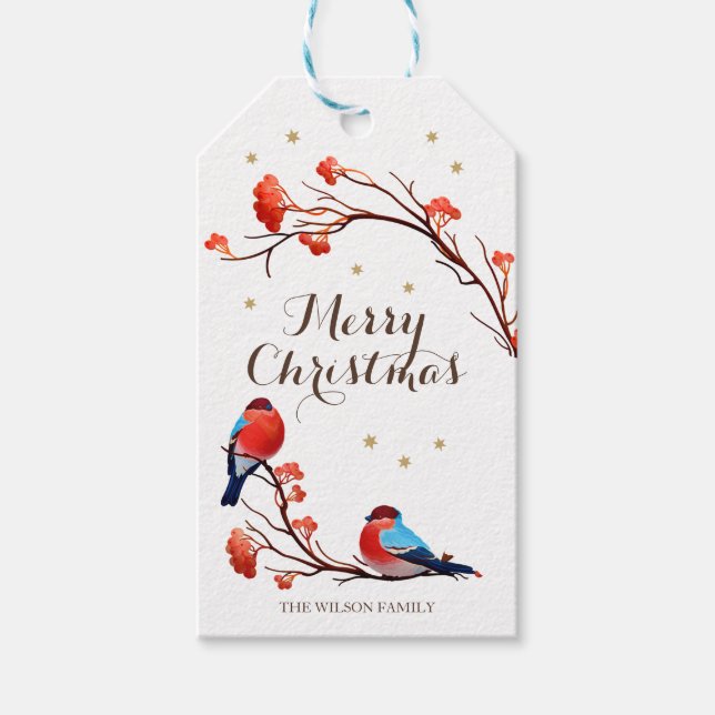 Étiquettes-cadeau Oiseaux mignons Robin sur le Berry Rouge (Devant)