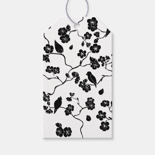 Étiquettes-cadeau Oiseaux Motifs noirs et blancs sur les fleurs de c (Devant)