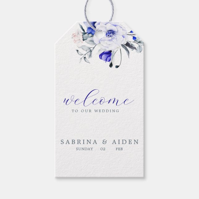 Étiquettes-cadeau Ombre Royal Blue Ivory Floral Mariage Bienvenue (Devant)