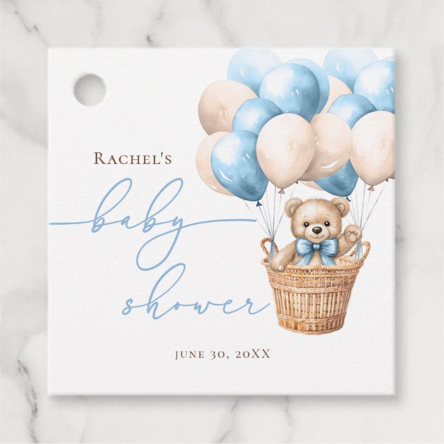 Étiquettes Cadeau On Peut Attendre | Bear Balloon Baby shower bleu (Devant)