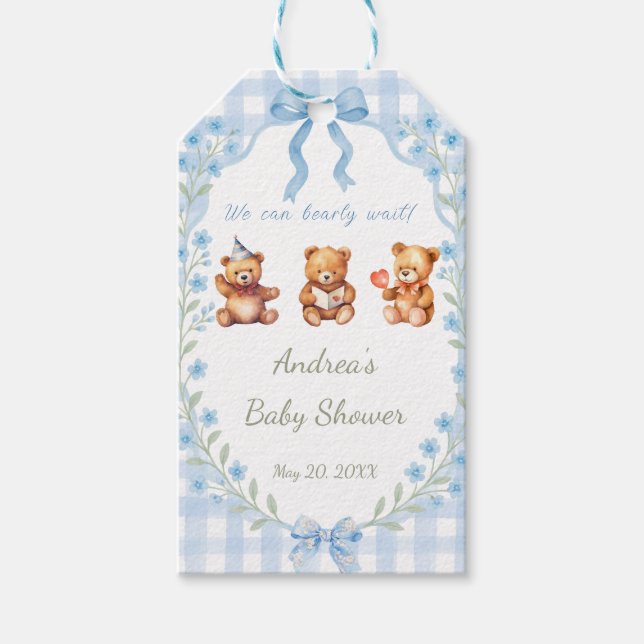 Étiquettes-cadeau On peut attendre le Baby shower bleu En vichy (Devant)