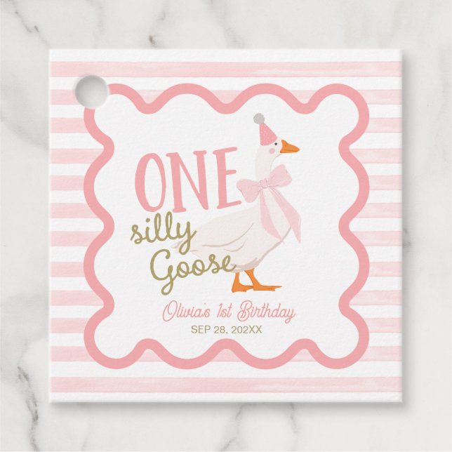 Étiquettes Cadeau One Silly Goose Pink Bow 1st Birthday (Devant)