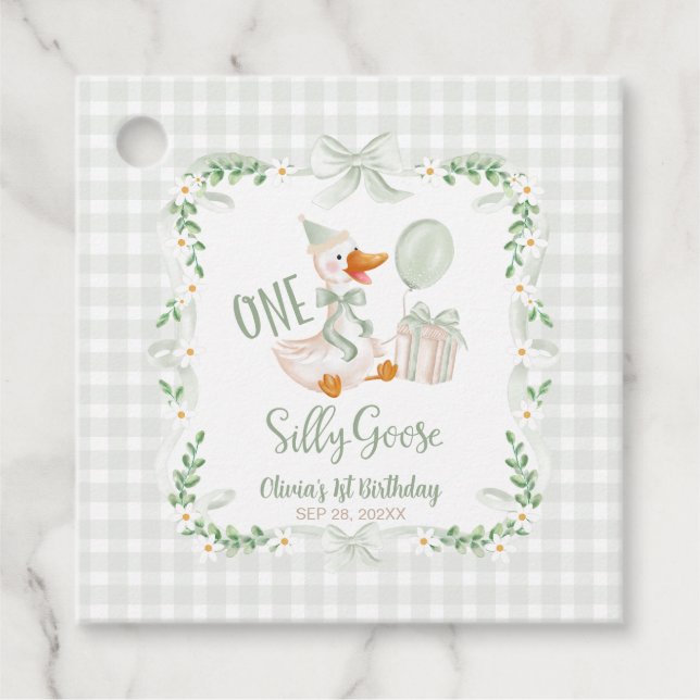Étiquettes Cadeau One Silly Goose Pink Bow Floral 1st Birthday (Devant)