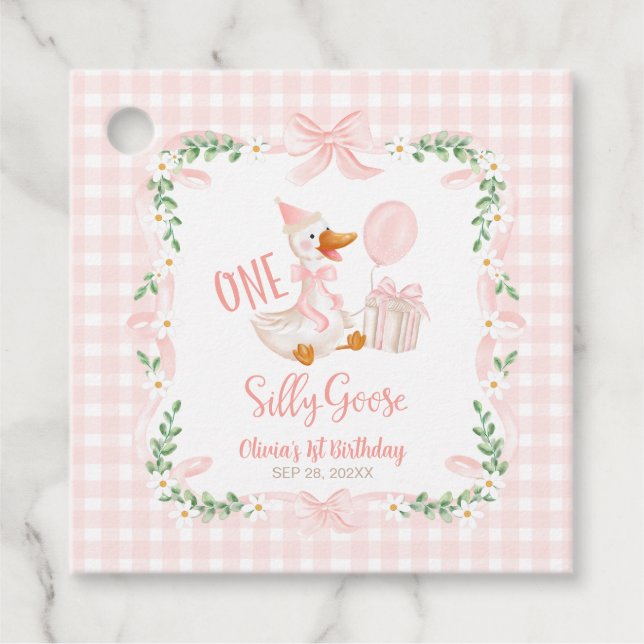 Étiquettes Cadeau One Silly Goose Pink Bow Floral 1st Birthday (Devant)