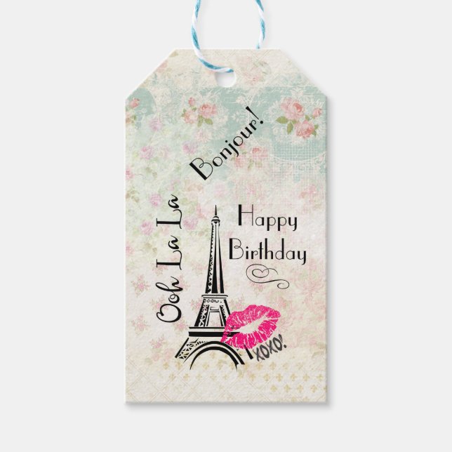 Étiquettes-cadeau Ooh La Paris Tour Eiffel Joyeux anniversaire (Devant)