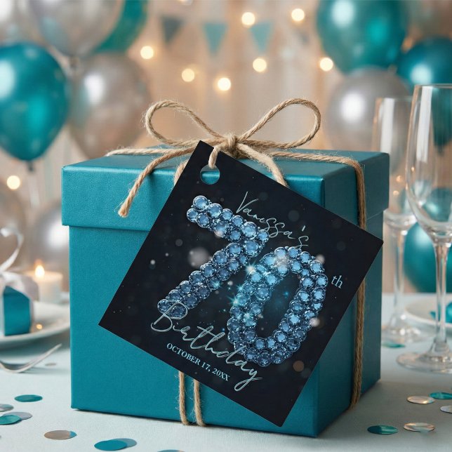 Étiquettes Cadeau Opulent Glamorous Teal Blue Diamonds 70th Birthday (Créateur téléchargé)