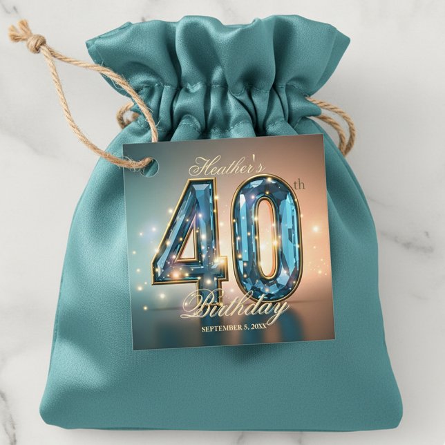 Étiquettes Cadeau Opulent Glamorous Teal Gold Crystal 40th Birthday (Créateur téléchargé)