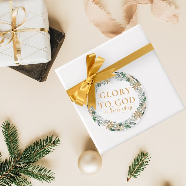 Étiquettes Cadeau Or moderne gloire de Noël religieuse à Dieu Don (Modern religious Christmas gift tag with Glory to God Bible verse and wreath of winter greenery)