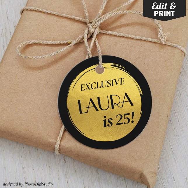 Étiquettes Cadeau Or noir moderne d'anniversaire (Modern Birthday Black Gold Favor Tags and Gift Tags)
