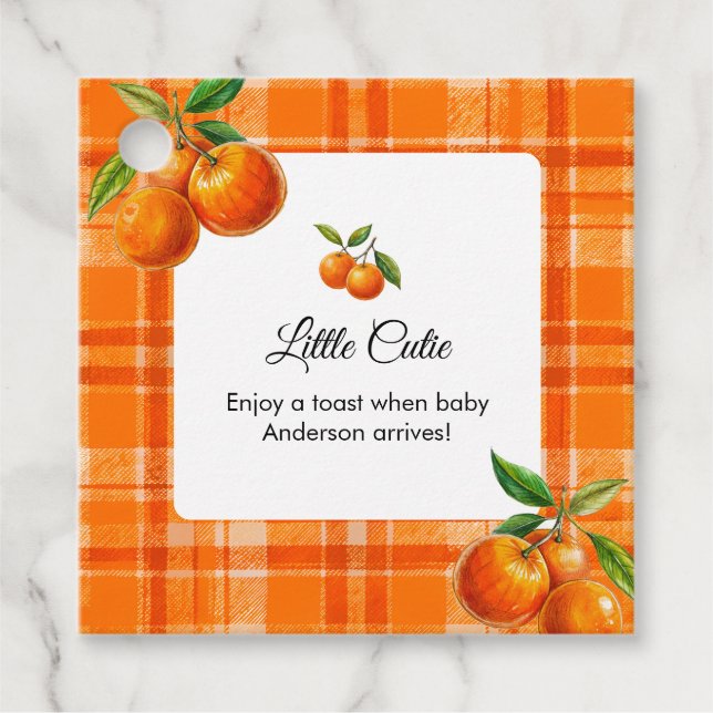 Étiquettes Cadeau Orange 3D Citrus Plaid Baby shower dessiné (Devant)