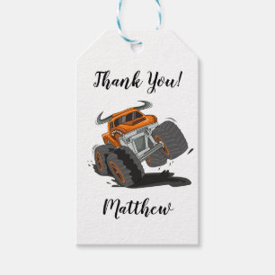 Étiquettes-cadeau Orange Black Boys Monster Truck Nom Merci