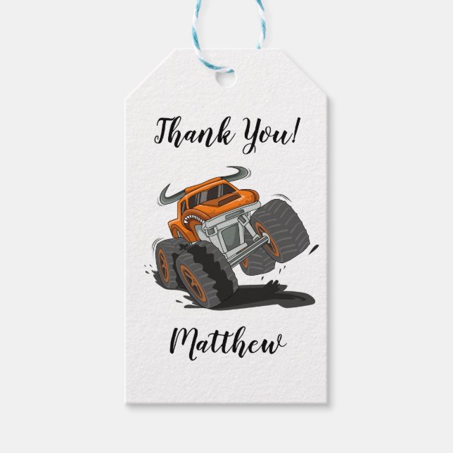 Étiquettes-cadeau Orange Black Boys Monster Truck Nom Merci (Devant)