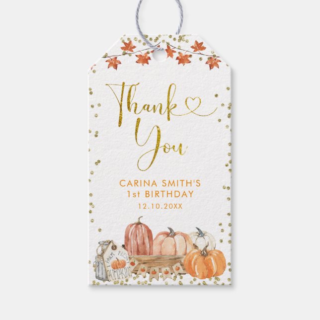Étiquettes-cadeau Orange Citrouille Patch Automne Anniversaire Merci (Devant)