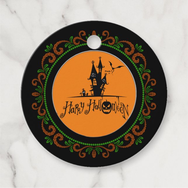 Étiquettes Cadeau Orange Green Happy Halloween Haunted House (Devant)