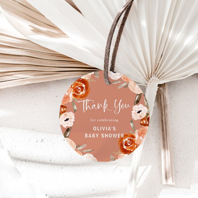Étiquettes Cadeau Orange Terracotta Boho | BABY SHOWER (A boho, terracotta baby shower favor tag with trendy neutral flowers)
