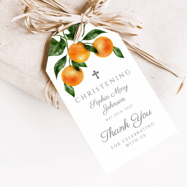 Étiquettes-cadeau Oranges botaniques modernes Fille Christening (Modern Botanical Oranges Girl Christening Gift Tags)